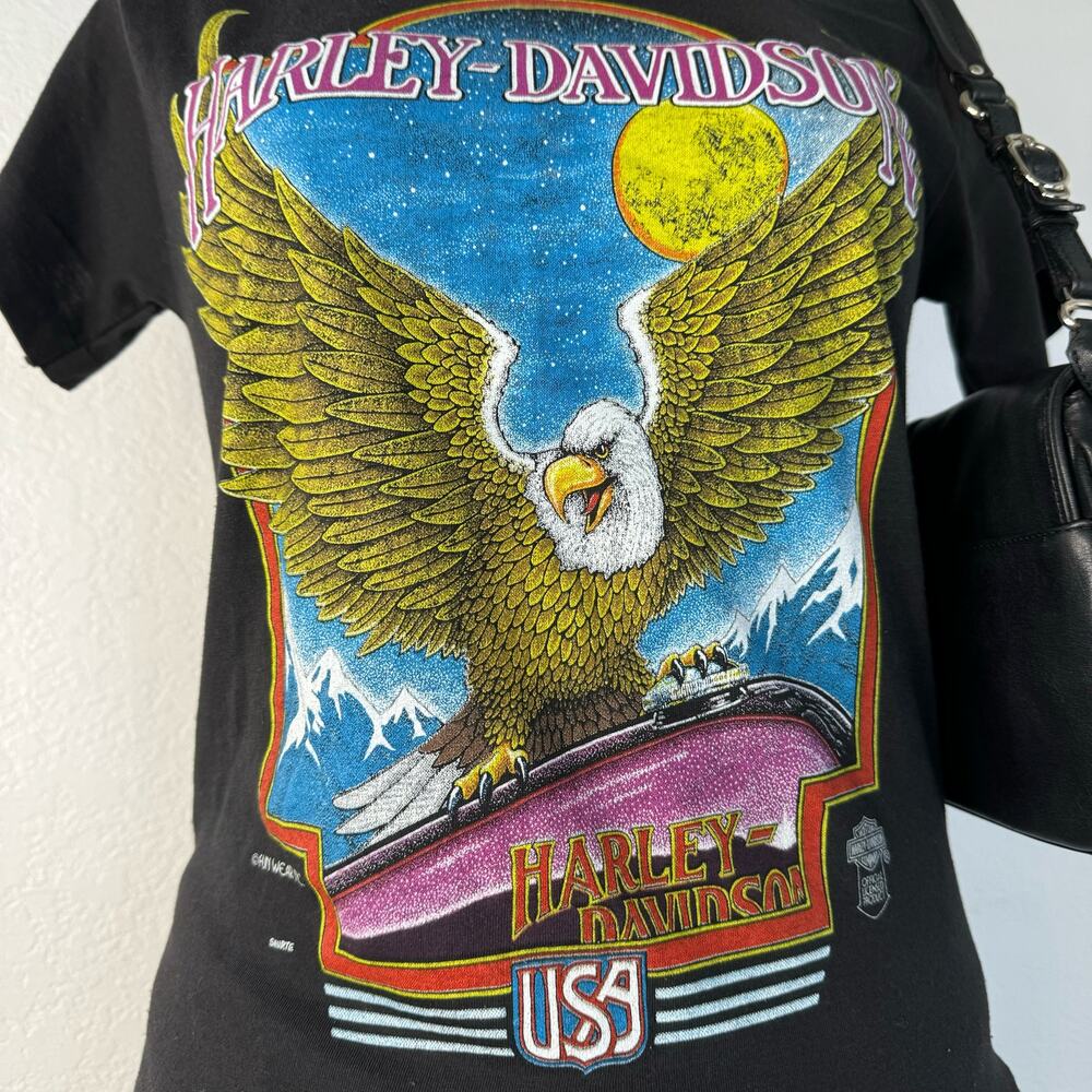 Rare Vintage 80s Harley-Davidson Funwear Ink Eagle Black T-Shirt Size Small